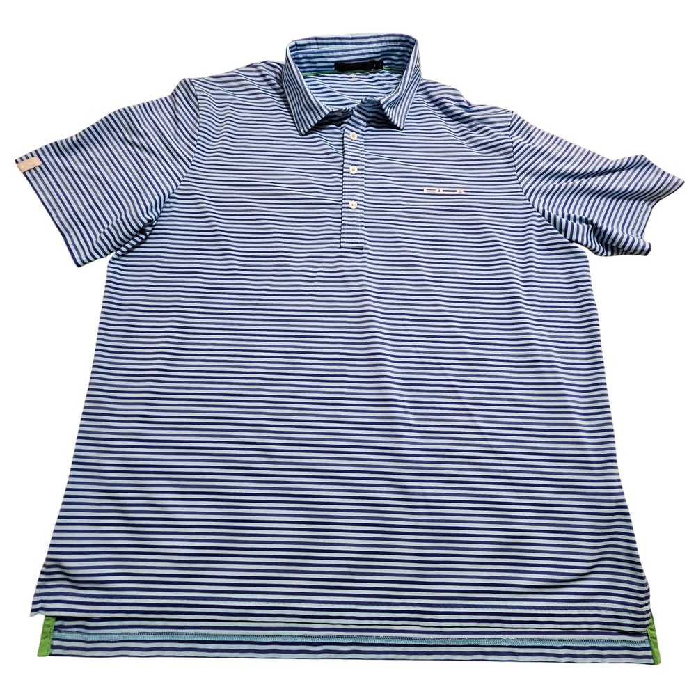 RLX Ralph Lauren Polo Shirt Mens L Blue Striped Performance Short‎ Sleeve Golf